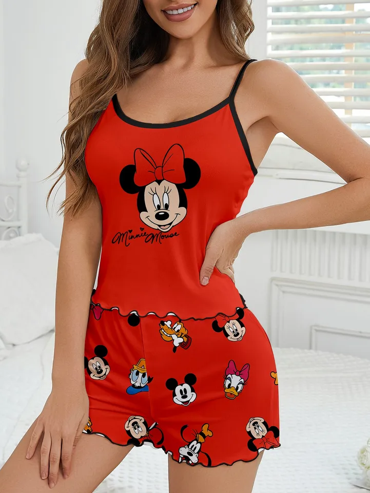 Women's 2-piece Disney Mickey Minnie Family Cute Cartoon Printed Pattern Strap Top and Shorts Pajamas Home Clothes