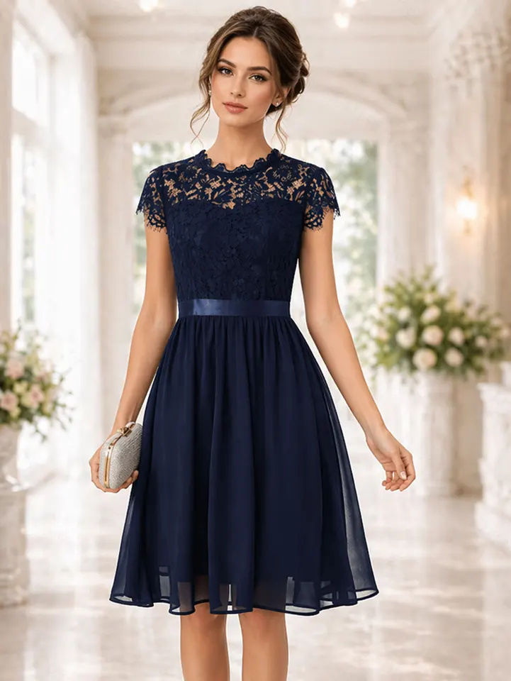 Womens Elegant Summer Crew Neck Short-sleeve  Lace Midi Dress Retro For Wedding Party  Chiffon Elastic Belt  A-Line Dress