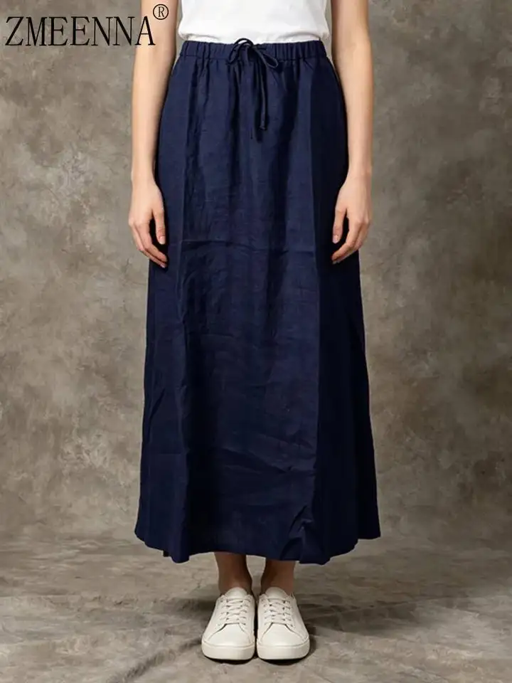 ZMEENNA Women Navy Blue Linen Maxi Skirt Elastic Waist Drawstring A-Line Long Skirt Summer Loose Breathable Skirts ZM5341