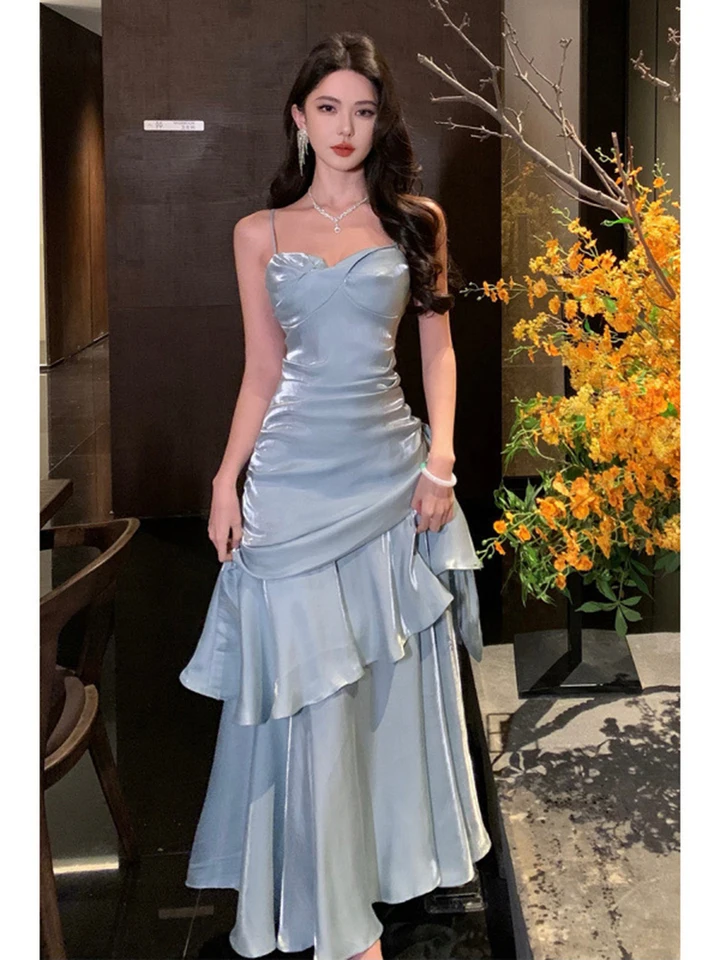 LGRQ 2026 New Luxury Satin Maxi Dress Women Sweetheart Neck Spaghetti Strap Ruffle Hem Formal Wedding Party Evening Prom Gown