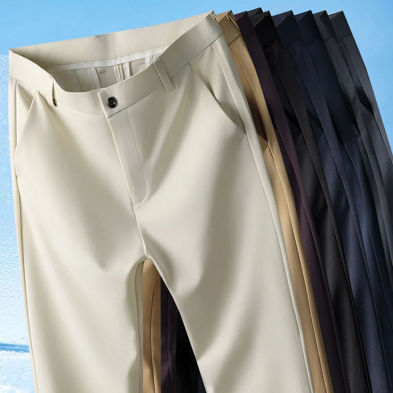 29-42 Men's Summer Pants Thin Straight Stretch Casual Pants with No Trace No Ironing Fabric Silky and Cool Feeling