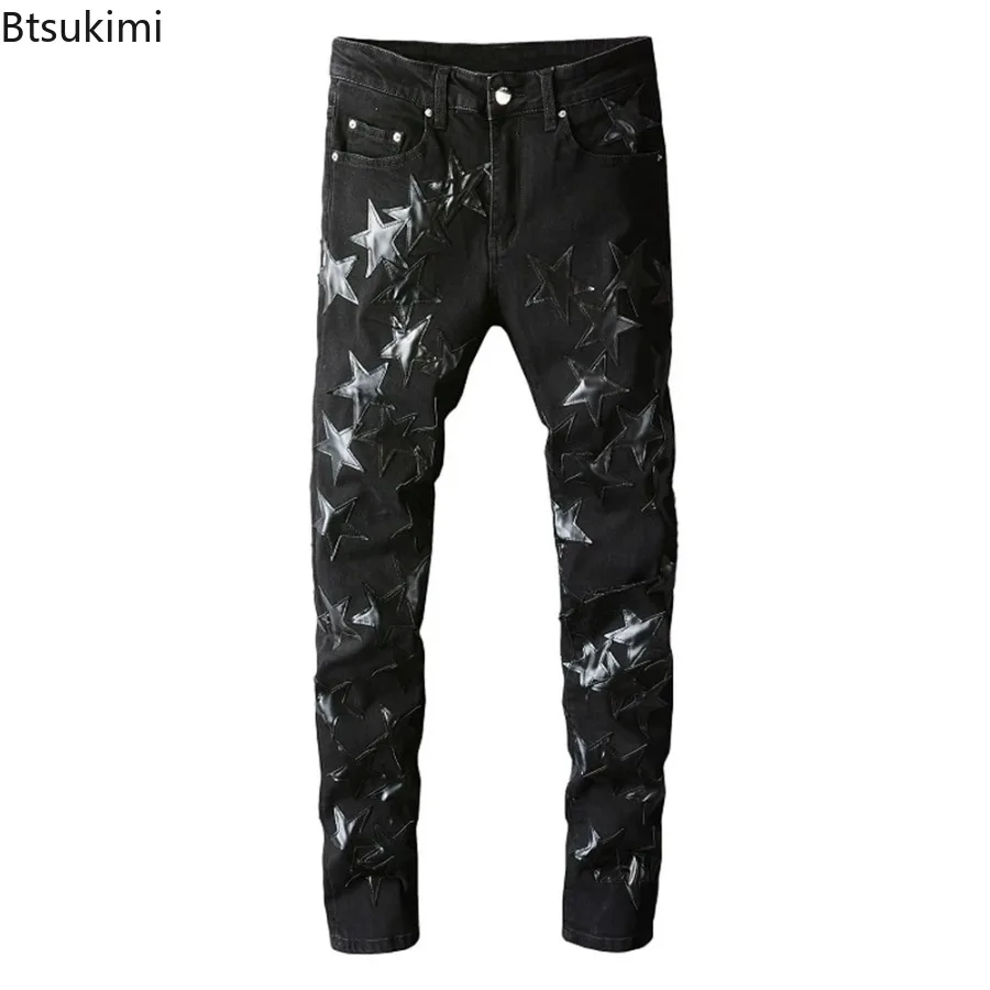 2026 Men's Fashion Leather Stars Patch Jeans Black Stretch Denim Pencil Pants Casual Slim Skinny Patchwork Trousers Streetwear