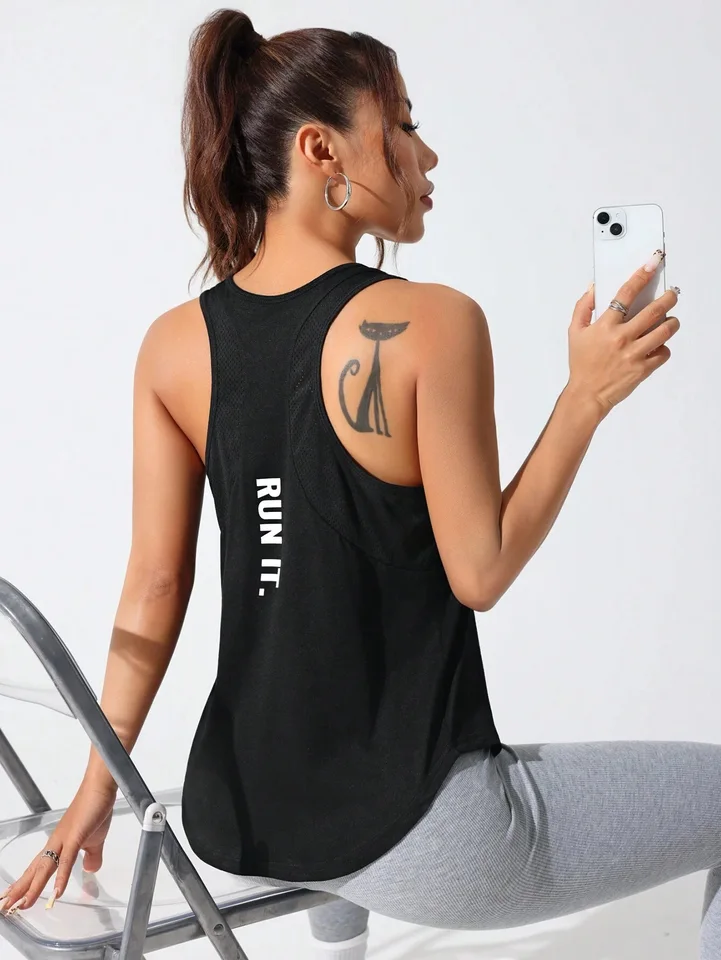 Women's stitched letters quick-drying sports vest, breathable net yoga sportswear, tennis uniform cycling suit, daily wear