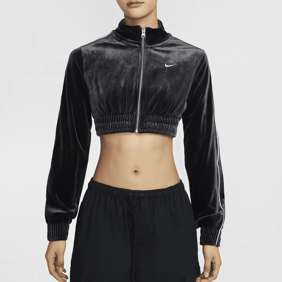 Nike Official Product Autumn New Women's Stand Collar Short Velour Jacket FZ3680-010
