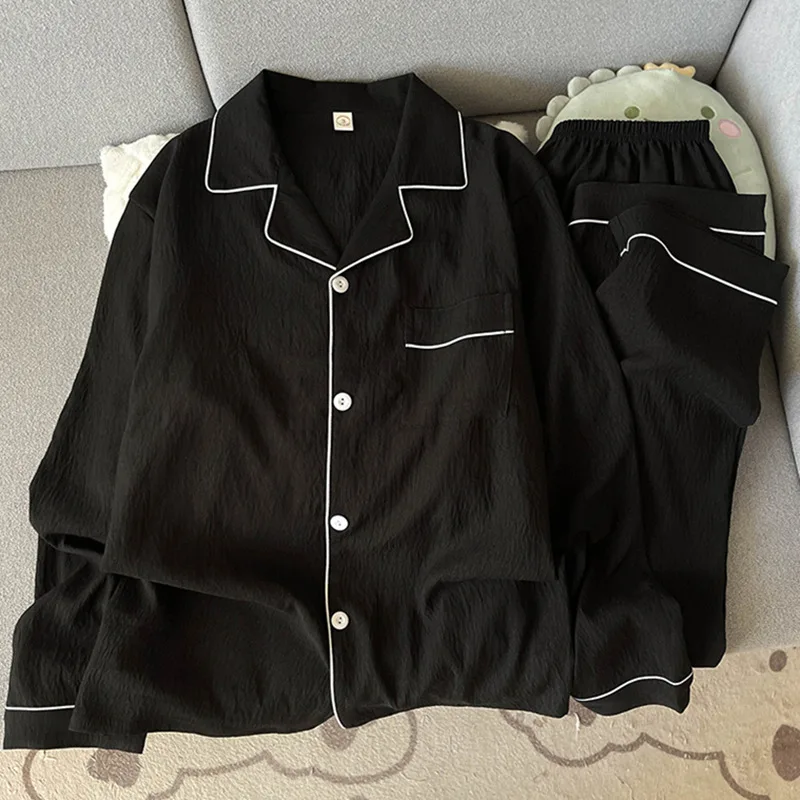 Large Size Pure Cotton Yarn Men's Sleepwear Spring and Autumn Long Sleeved Simple Black Nightwear Homewear Youth Pyjamas Set