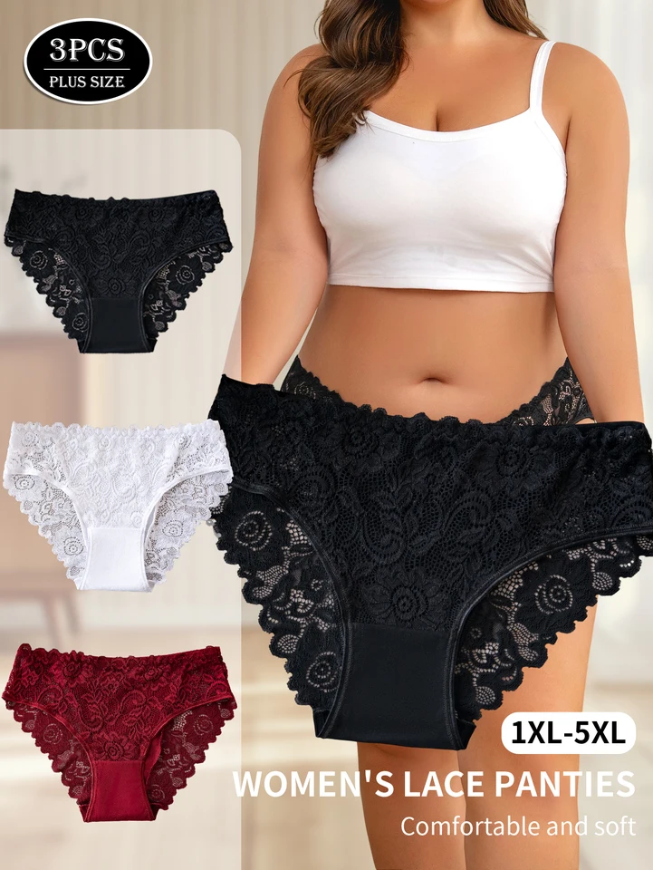 3PCS Plus-Size Women's Underwear Elegant Lace Floral Trimmed Panties Ladies Solid Color Hollow Sexy Briefs Lingerie Hot Sales