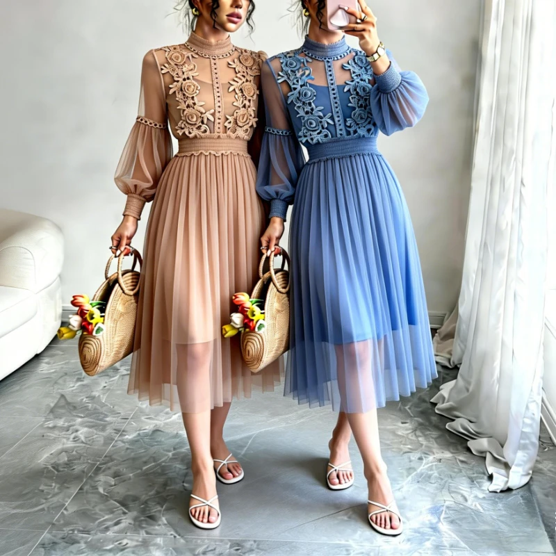 Women's Dusty Pink Tulle Midi Dress High Neck 3D Floral Embroidery Puff Sleeve Smocked Waist Elegant Party Wedding Guest Dress