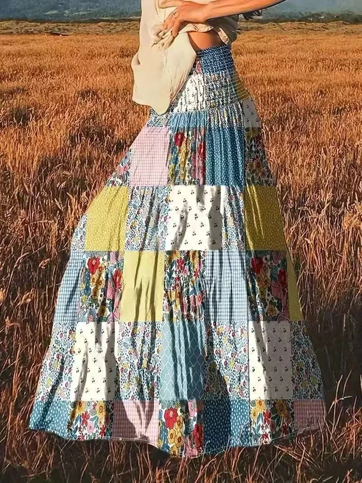Women's Printed Shirred High Waist Skirt, Elegant Style, Suitable for Casual Vacation Wear