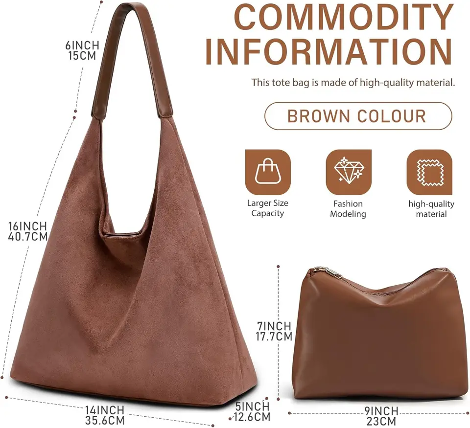 Suede Tote Bag for Woman Vintage Large Capacity with Zippered Cosmetic Organizer, Slochy Hobo Tote Bag, Underarm Bag