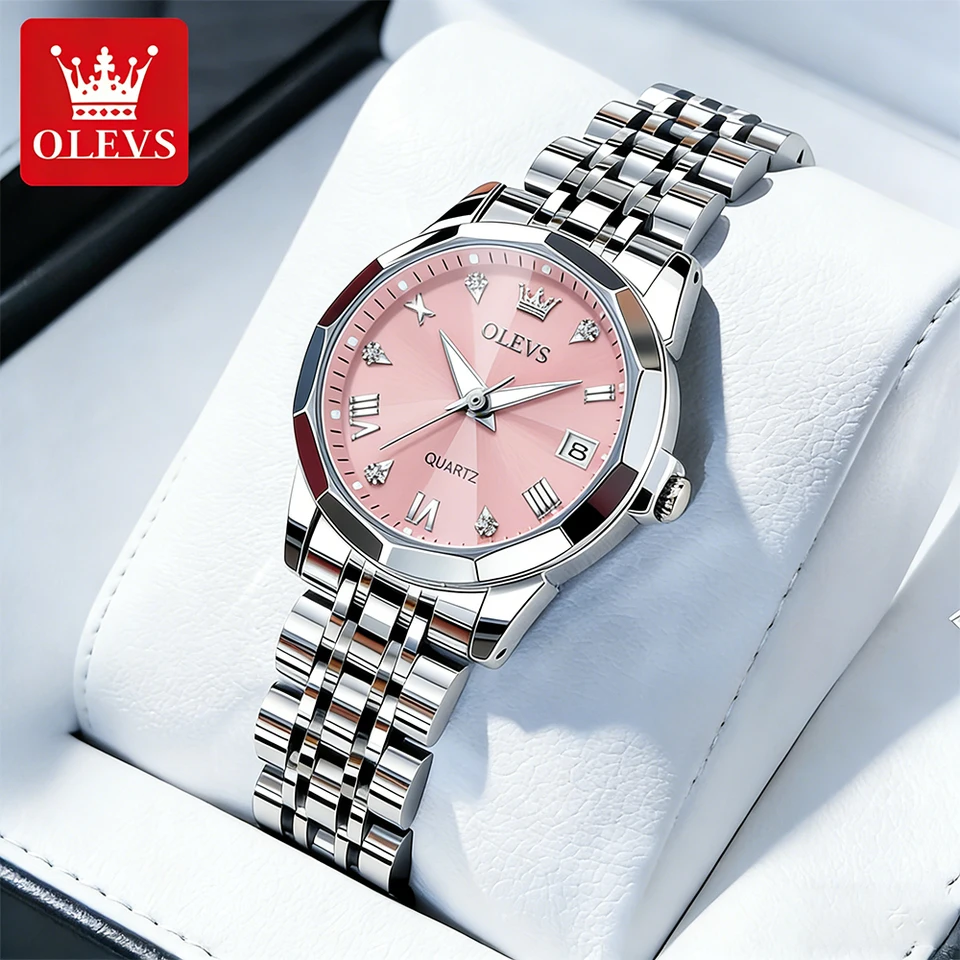 OLEVS Women Watches Elegant Luxury Stainless Steel Strap Original Quartz Wristwatch for Man Waterproof Luminous Date Trend Dress