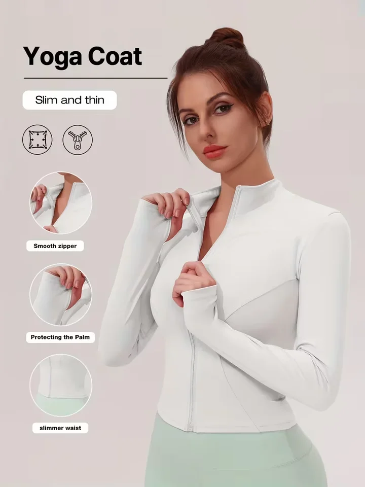 Women Slim Fit Stand Collar Sports Jacket Zip Up Yoga Jacket Quick Dry Slim Waist Running Workout Coat For Spring