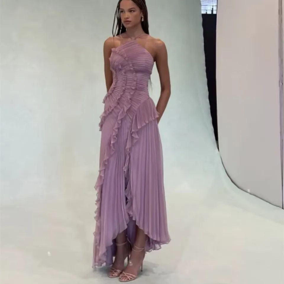 Elegant Women Ruffle Pleated Long Dress Fashion Sleeveless Halter Irregular Tiered Pleated Flowy Maxi Dresses for Wedding Party