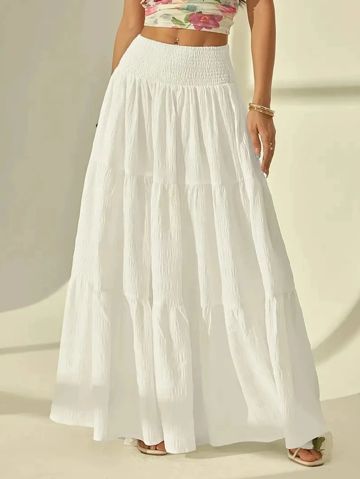 Plus size women's fashionable layered long skirt casual solid color elastic waist women's half skirt holiday date or vacation