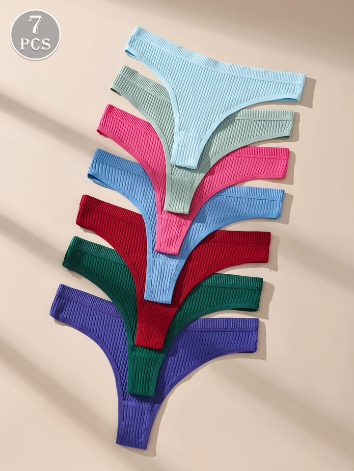 7Pcs/Set Women Thongs Cotton Panties Striped Underwear Sexy Underpants Solid Panty Soft G-Strings  Plus Size Female Lingerie
