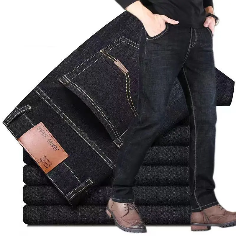 New men's straight leg jeans classic black blue micro elastic casual business casual denim pants men's brand pants