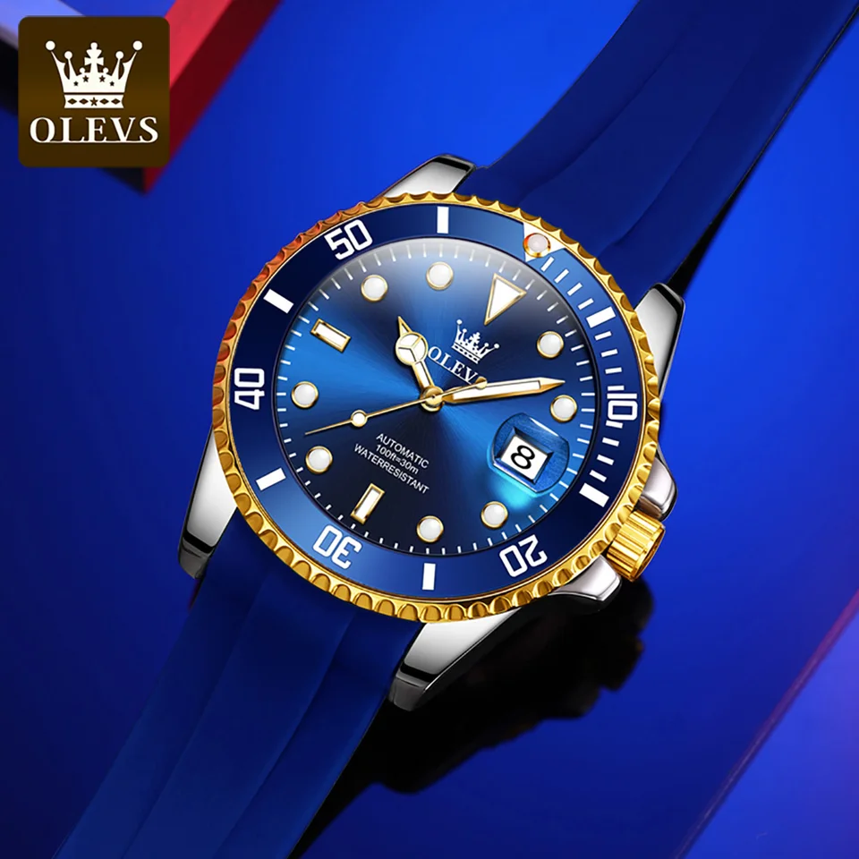 OLEVS 6650 Men Diver Automatic Watch 30M Waterproof Luminous Date Mechanical Silicone Strap  for Males Business Wristwatch.