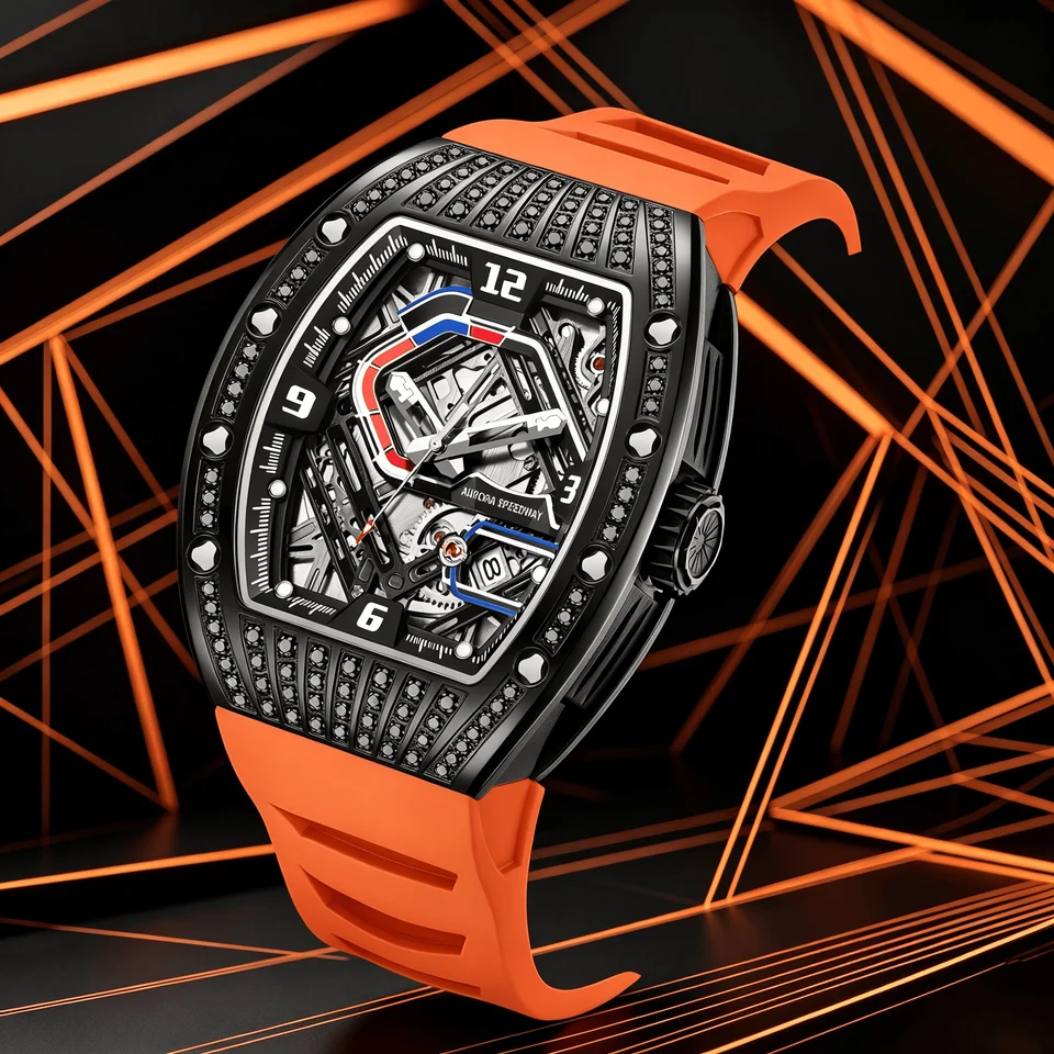 HANBRO Men's Racing Skeleton Automatic Watch Black Diamond Tonneau Mechanical Wristwatch Sport Waterproof for Men Streetwear9036