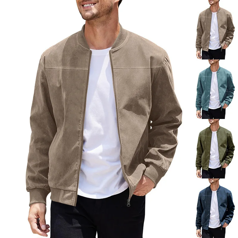 Spring/Autumn Men's Solid Color Business Casual Sport Coat, V-neck design, zipper front opening, stretchy long-sleeved coat
