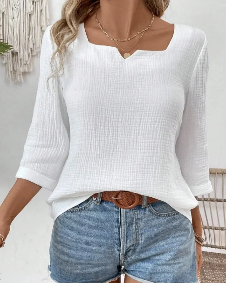 Casual Crinkled Texture Square Neck Notched Three Quarter Sleeve Blouse With Rolled Cuffs Loose Fit For Daily Wear And Summer Be