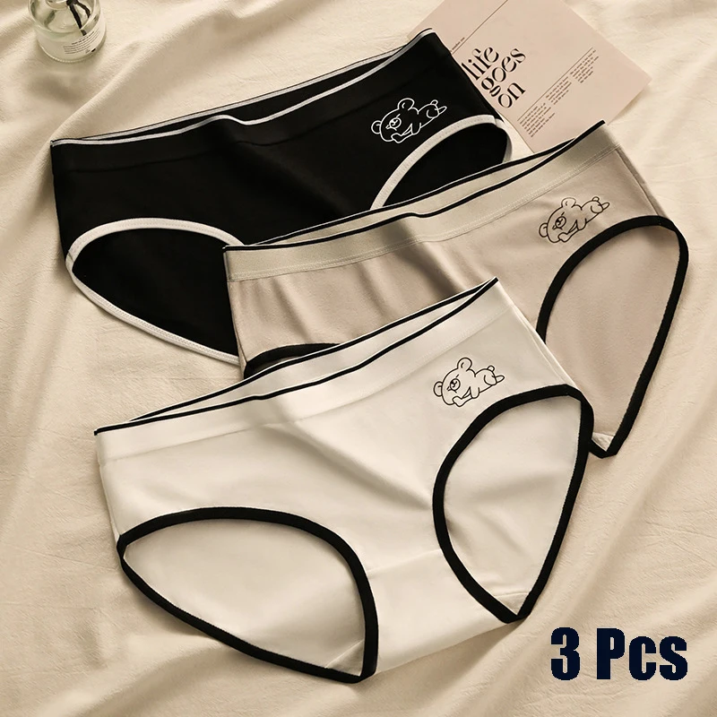 3PC/SET Women Panties Cartoon Bear Striped Cotton Panties Cute Low-waist Underwear Comfortable Brief Solid Color Underpants