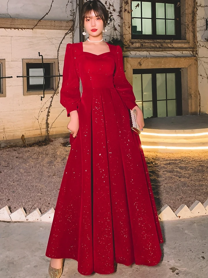 Elegant Red Long Sleeve Evening Dress Wedding Reception Ceremony Dress for Women Autumn Winter High Quality Gown Polyester Fiber