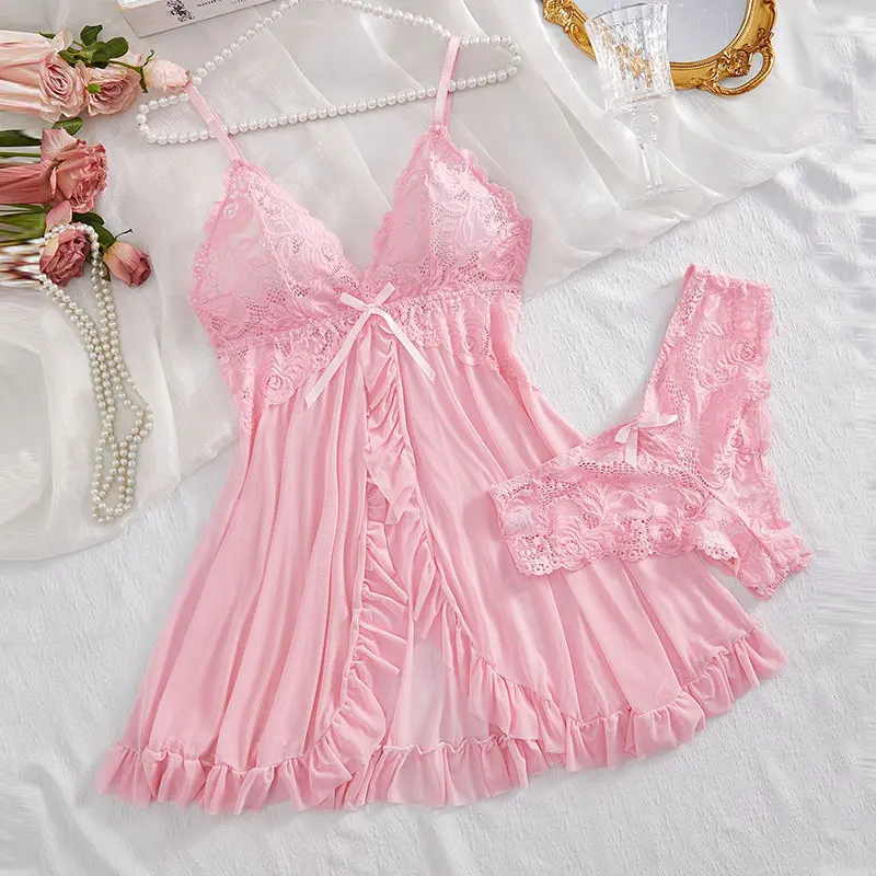 2 Pcs Set Lace Nightgown Women Exquisite Homewear Nighties Pajamas Transparent Split Nightdress V-Neck Bra Panty Sets