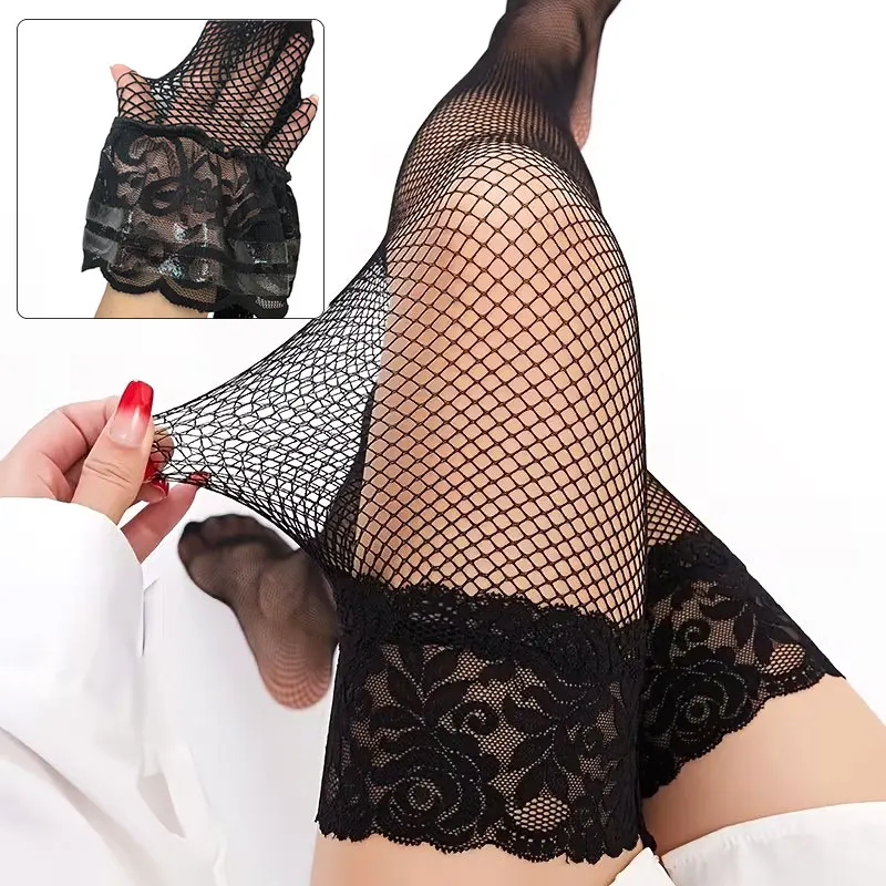Silicone Anti Slip Fishnet Over the Knee Sock Lace Floral Stockings Long Socks For Women