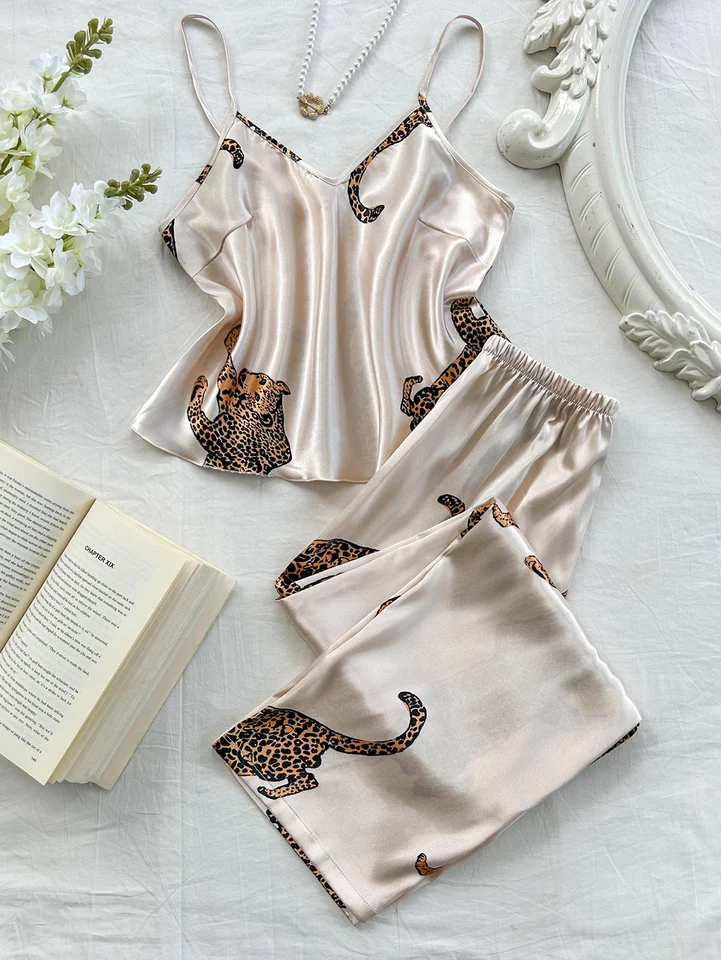 Comfortable Fashionable 2pcs V Neck Leopard Print Suspender Long Pants Pajama Set
