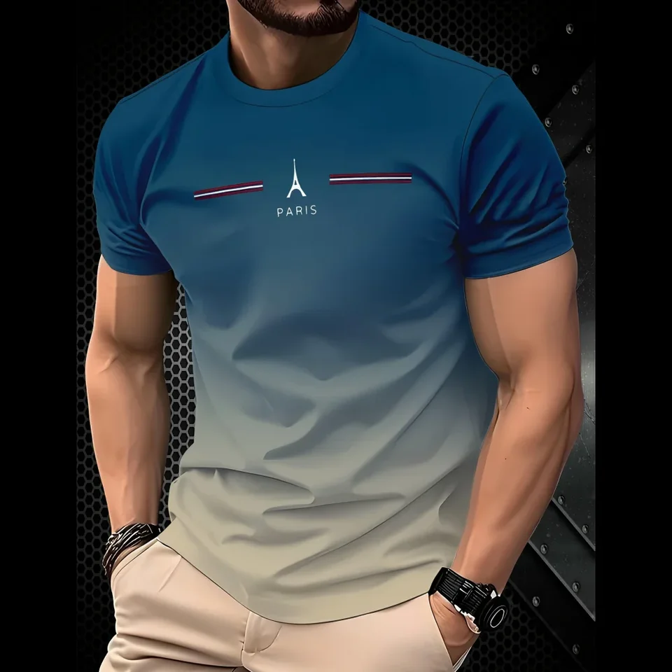 Summer Men's Clothing 3D Gradient Simple Paris Printed Men's T-Shirt Daily Fashion Oversized  Sports Round Neck Short Sleeve Top