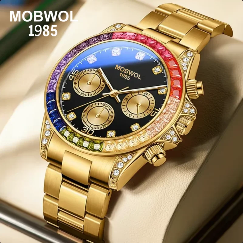 New MOBWOL Men Watch High-end Business Night Light Luxurious and Unique Ddesign Fashionable Disc Steel Strap Men's Quartz Watch
