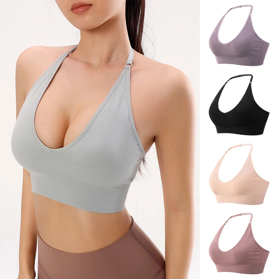 V-Neck Impact Sports Bra For Women Seamless Halter Bra Open Back Yoga Top Bras Medium Support Gym