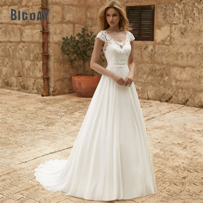 Elegant A-Line Wedding Dress Women Lace Illusion Back Short Sleeve O-Neck Chiffion Bridal Gown Train Vestido De Noiva Customized