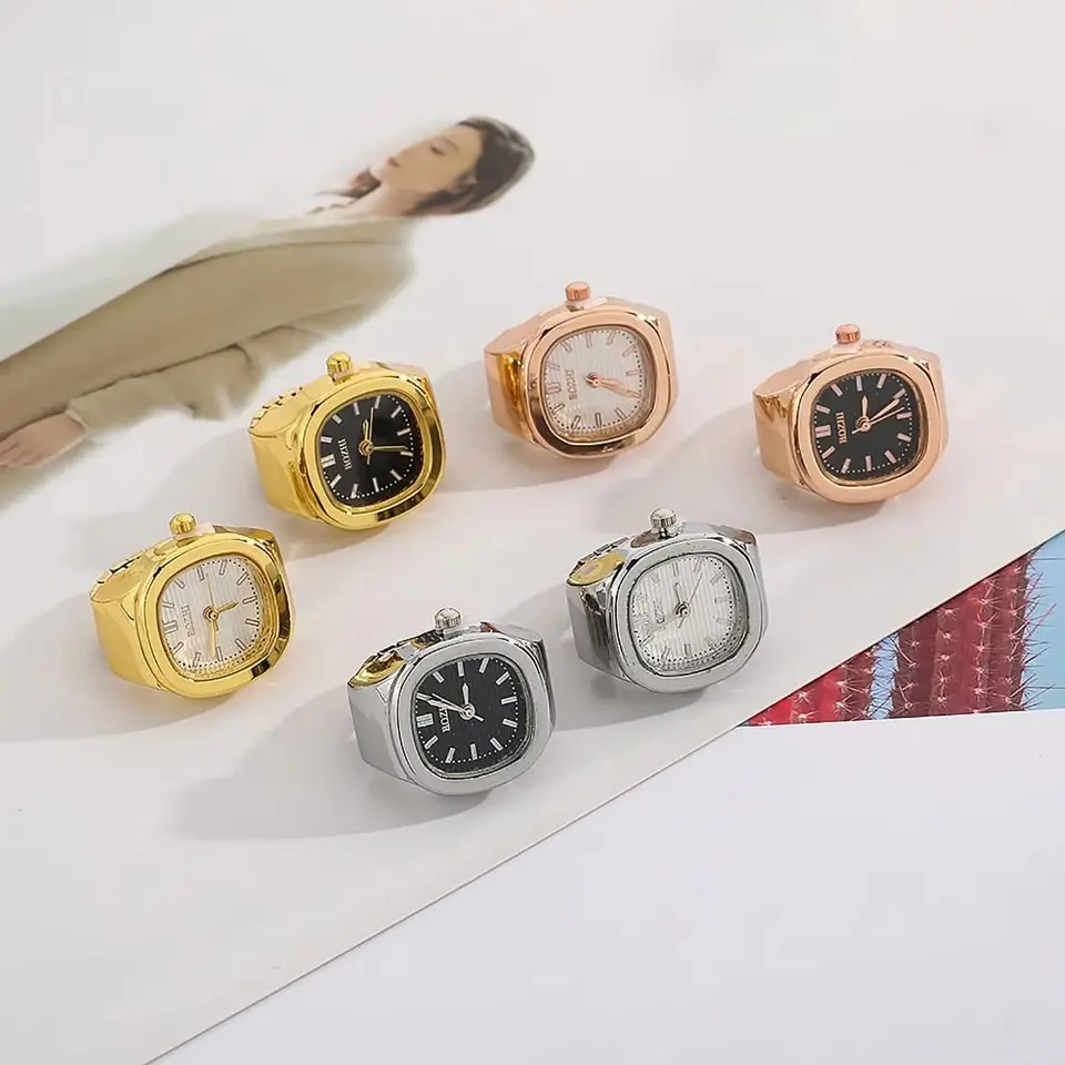 Creative Adjustable Finger Ring Watch Mini Square Quartz Watch Alloy Simple Couple Ring Watch Men Women
