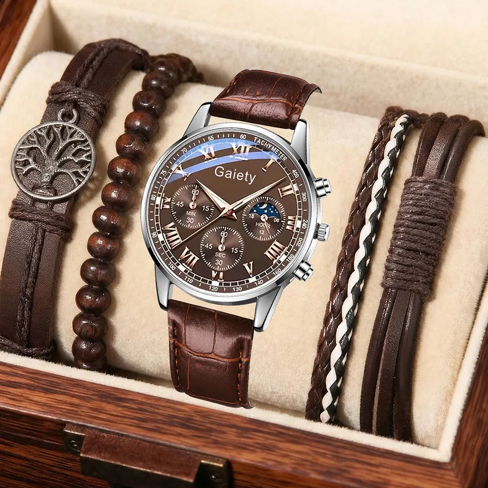 5PCS/Set Men's Quartz Wrist Watches PU Leather Minimalist Luxury Vintage Elegant Jewelry Y2K Vacation Holiday Festival Gift