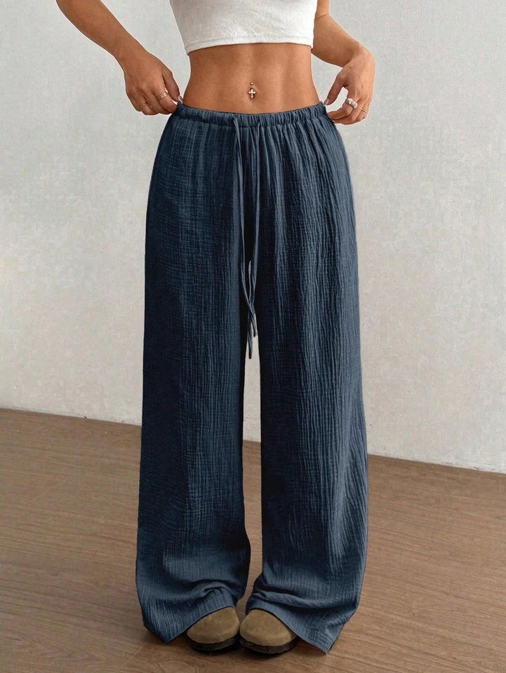 Women's Solid-Color Spring/Fall 100% Cotton Casual Drawstring Straight-Leg Pants