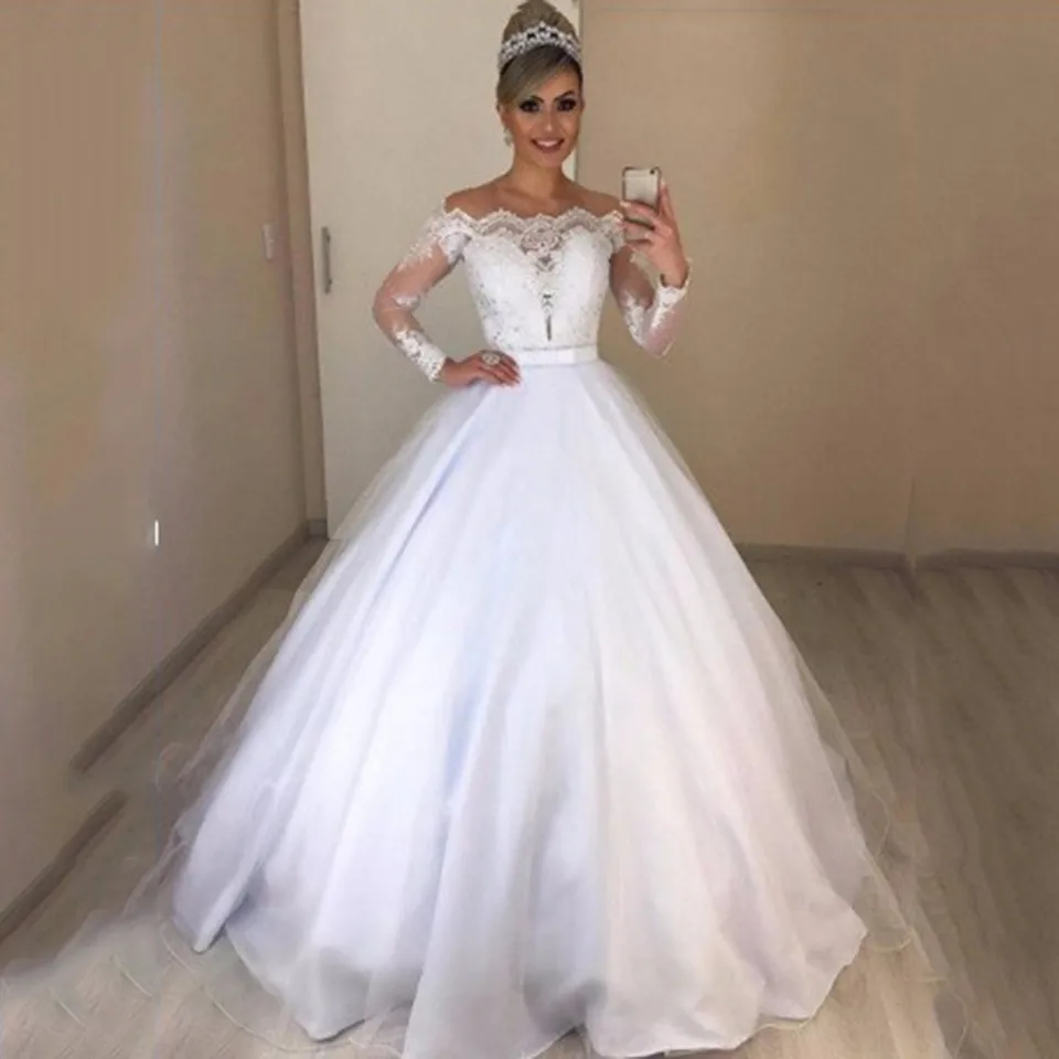 New One-shoulder V-neck Slim Fashion Lace Lace Skirt Puffy Trailing Wedding Dress