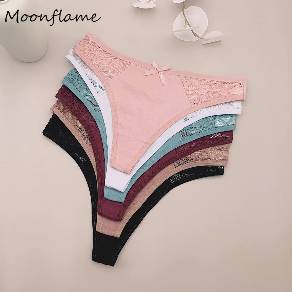 Moonflame 5Pcs Women's Cotton Underwear Lace Thongs Sexy Low Waist Bikini Panties Ladies Breathable G-string Lingerie