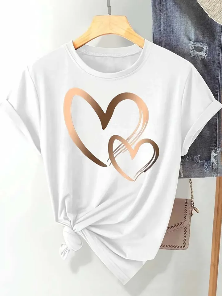 Summer New Fashion Women's Heart Printed T-shirt Trendy Casual Round Neck Top Short Sleeves Women T-shirt Women Clothing