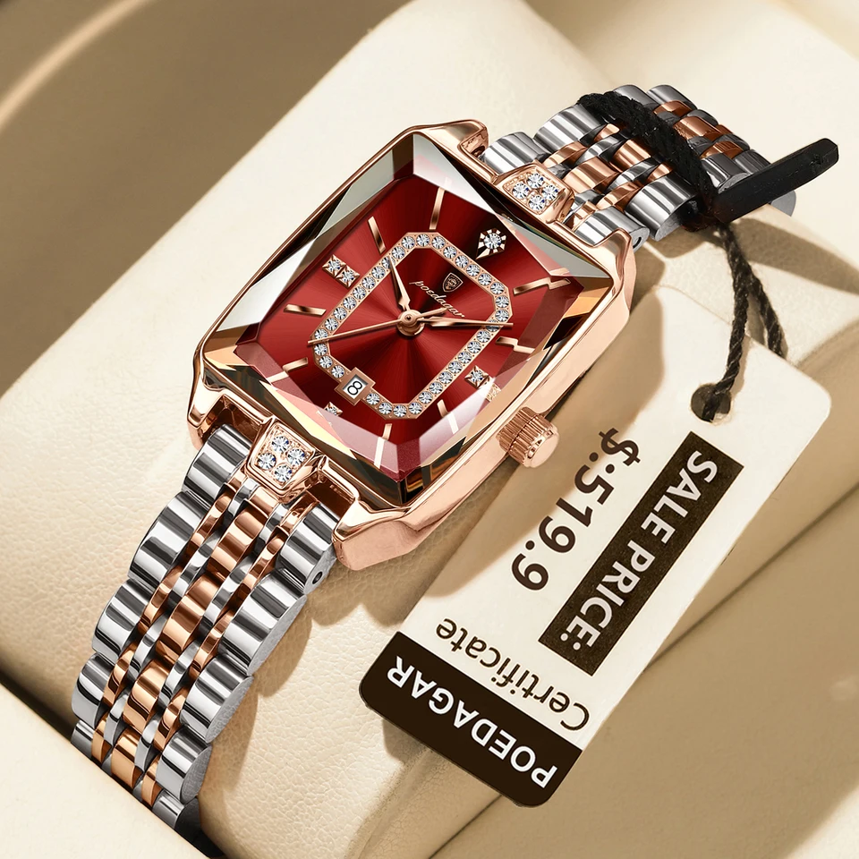 POEDAGAR Luxury Watch For Woman Elegant Waterproof Calendar Ladies Watch Rectangle Stainless Steel Quartz Women's Watches Female
