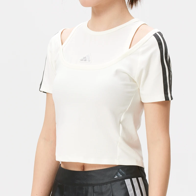 Adidas (Adidas) Women's Sports Short-Sleeved T-Shirt Fashionable Off-The-Shoulder Fake Two-Piece Short Breathable Slim-Fit Training Wear Kr7606
