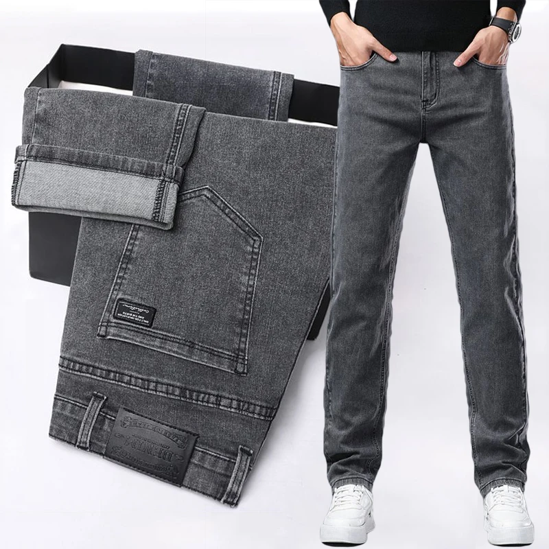 Spring New Men's Slim Fit Elastic Jeans Fashion Gray Comfortable Casual Denim Pants Korean Business Work Straight Black Trousers