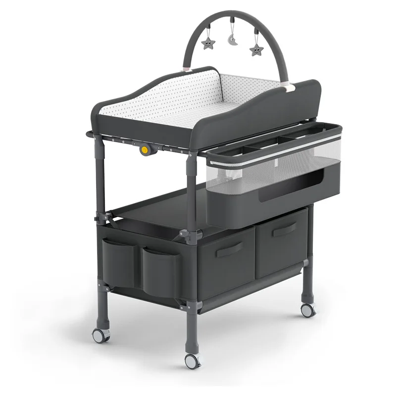 Multi-functional foldable with wheels and adjustable height diaper changing table for babies, combined with a bathing unit.