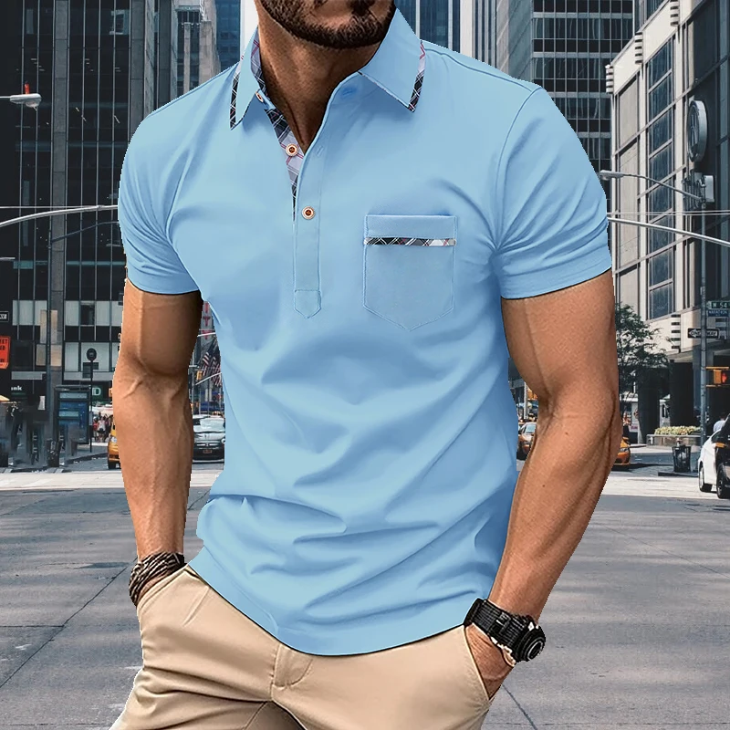 Men's Summer Fashion Lapel Polo Shirt Short Sleeve Solid Color Breathable Business Casual Daily Wear Top With Chest Pocket