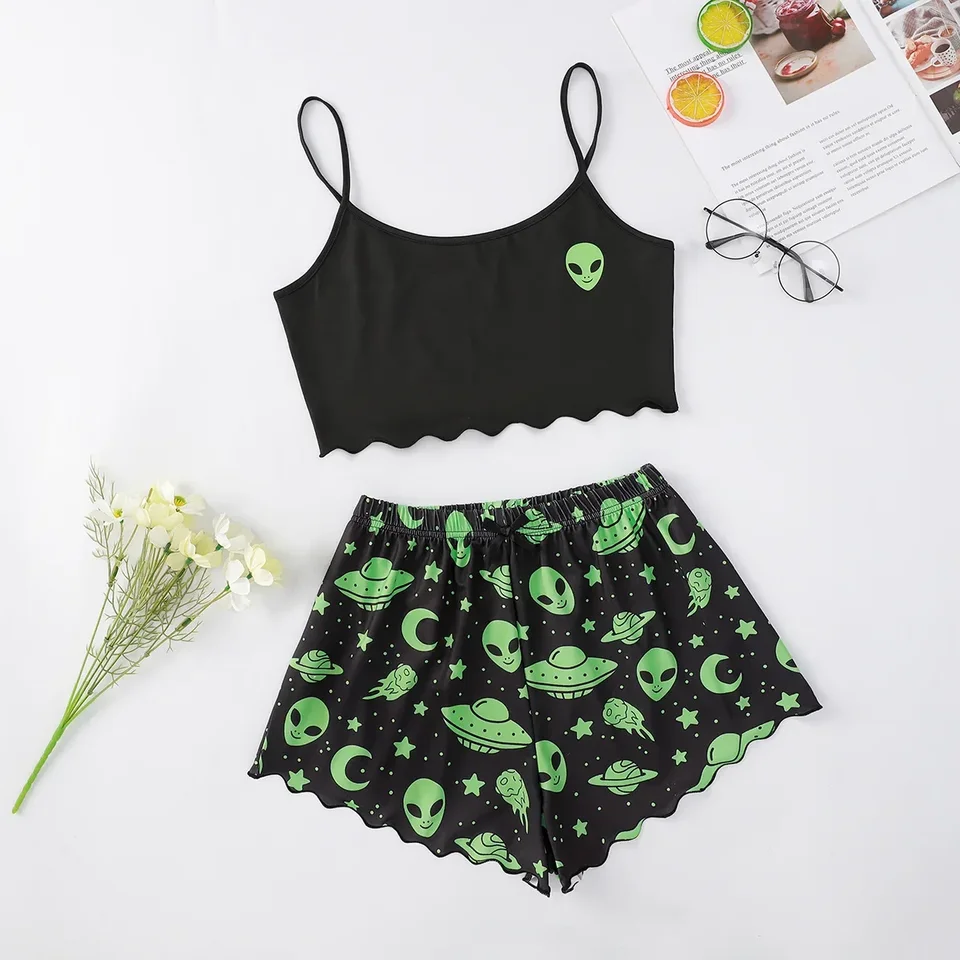 Sexy Alien Print Sling Sleepwear Women's Pajamas Set V-Neck Pyjamas Female Homewear Sleeveless Cute  Top And Shorts
