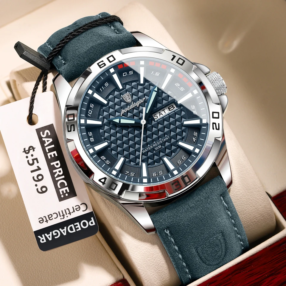 POEDAGAR Original Man Wristwatch Top Luxury Waterproof Luminous Date Week Watch For Men Quartz Sport Leather Men's Watches Reloj