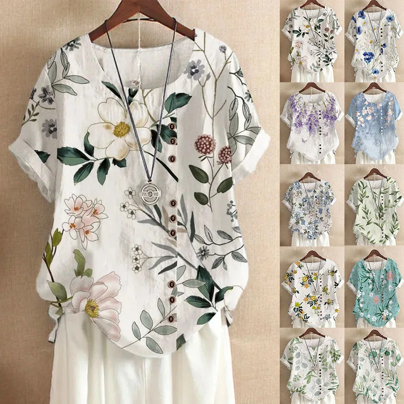 2025 Summer retro fashion printed loose casual shirt top, suitable for casual or vacation ladies' beachwear