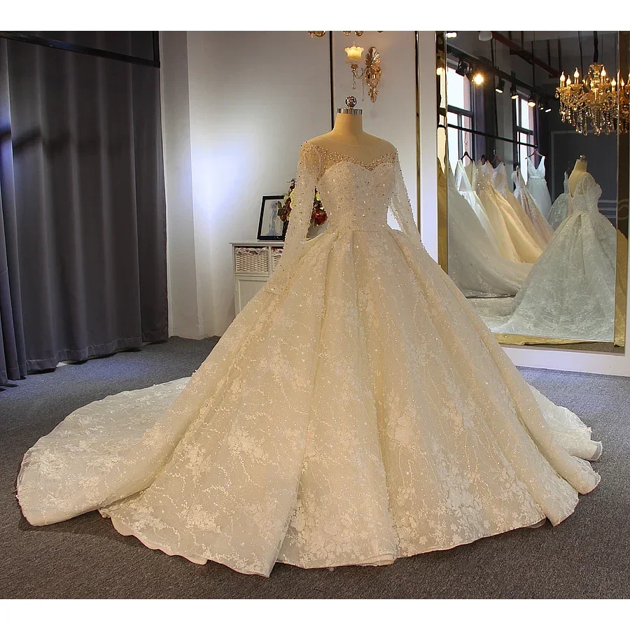 Lqq Customized Graceful Lace applique pearls wedding dresses Ball Gown Long Sleeves Shinny Wedding Dress Amanda Novias