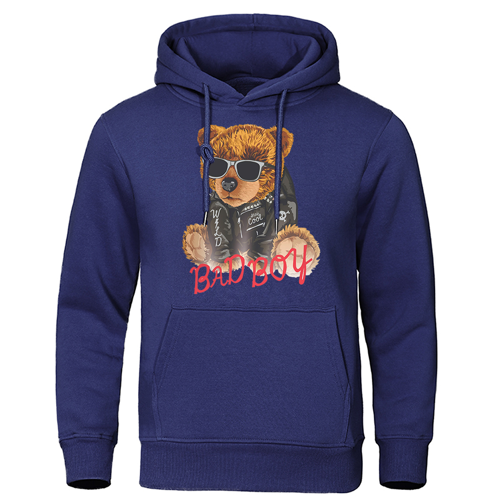Bad Boy Teddy Bear With Sunglasses Clothing Male Fashion Loose Hoodies Harajuku Fleece Sweatshirt Oversized Pocket Menswear