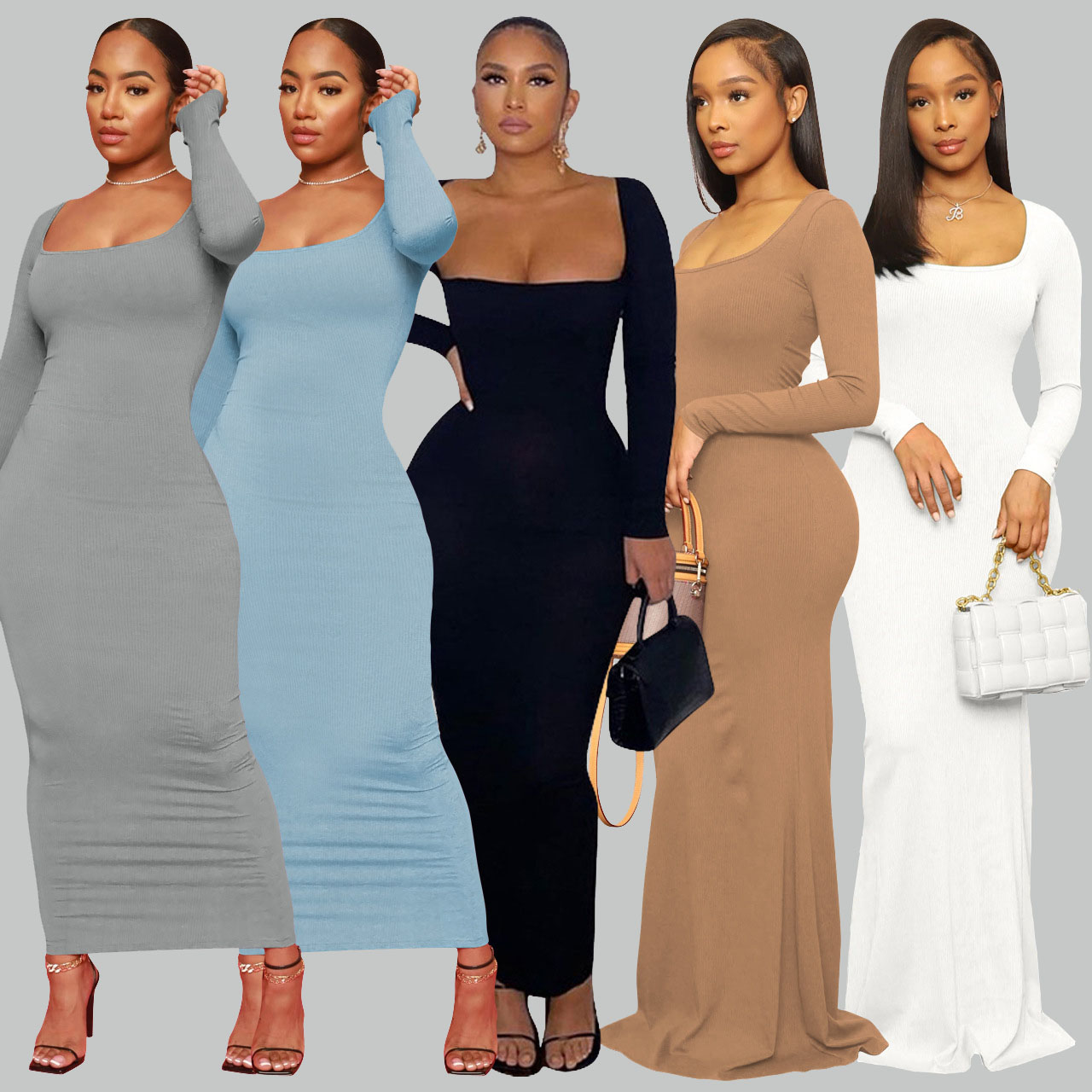 2024 Spring Women's Clothing Wholesale Elegant Party Ribbed Knitted Lounge Wear Bodycon Maxi Long Sleeve Dress