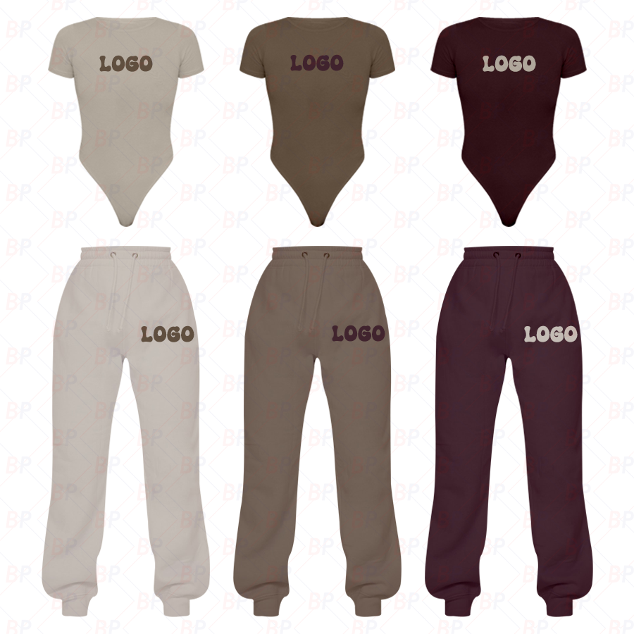 Custom Logo Organic Cotton Fabric 2 Piece Crop Top Bodysuit Jogger Set Two Piece Loungewear Sets Lounge Wear Sets Women Clothing